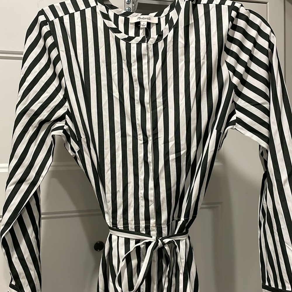 Madewell Tie-Waist Midi Shirtdress in Stripe Forest‎ Green White Size 2 - Picture 3 of 14
